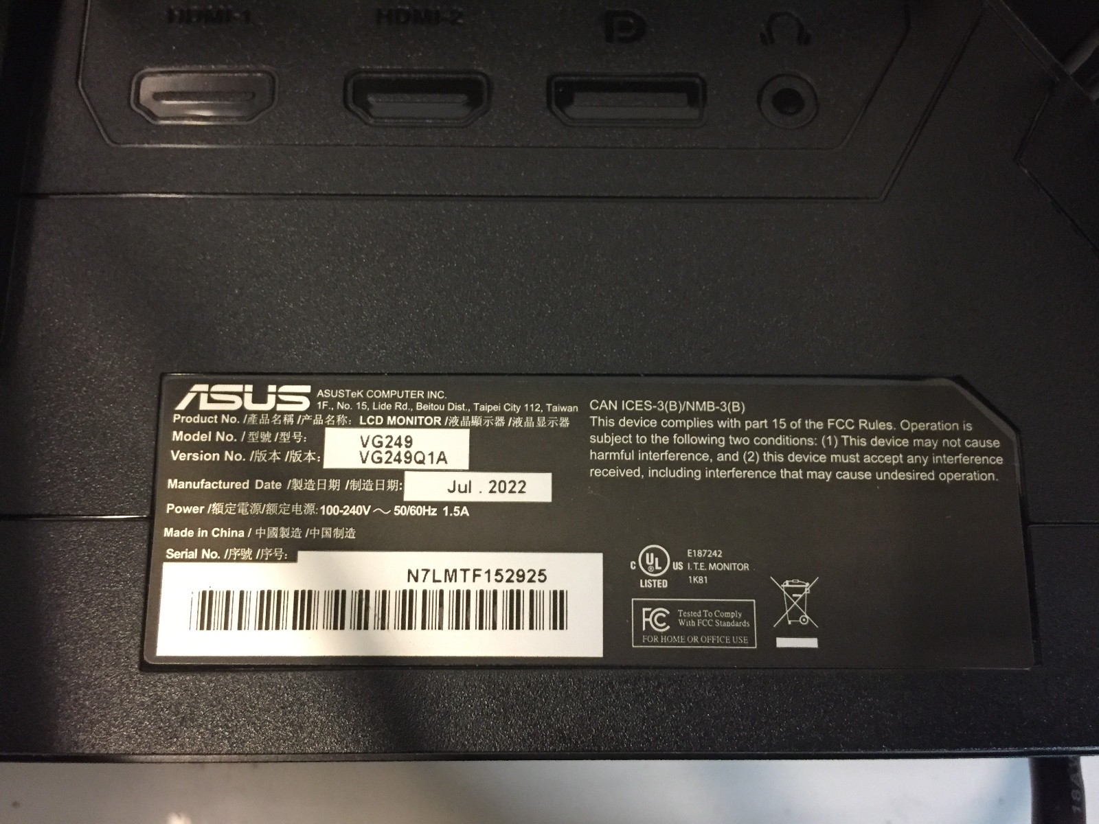 ASUS TUF Gaming VG249Q1A 23.8″ FHD 165Hz Monitor